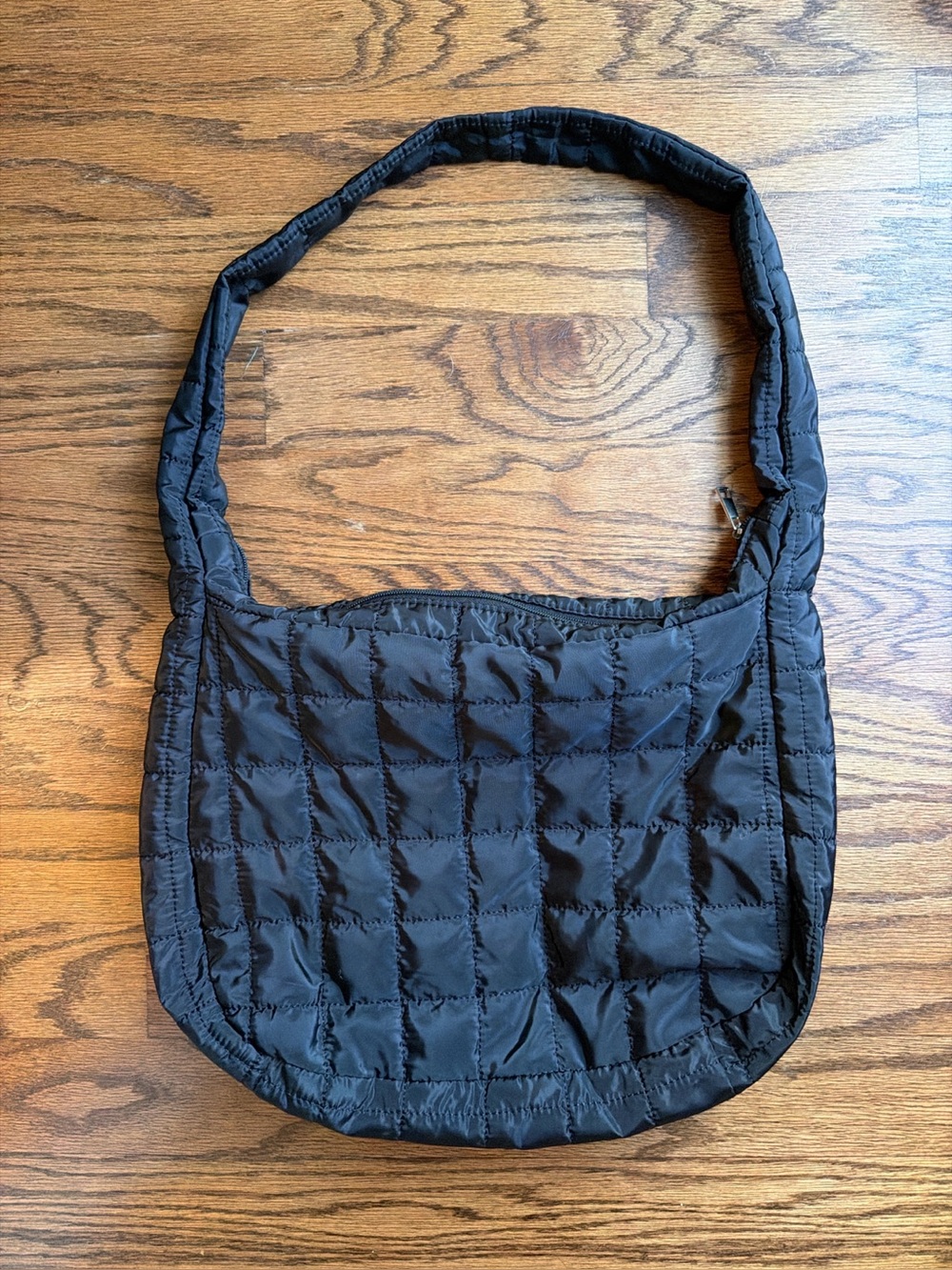 Black Quilted Nylon Hobo Shoulder Bag, Zip Top 16”